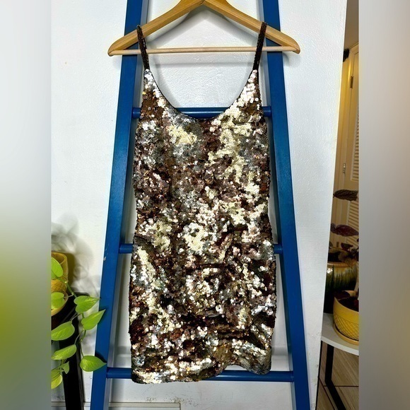 Vintage 90s Gold and Black Fully Sequined Spaghetti Strap Mini Cocktail Dress - Picture 1 of 6